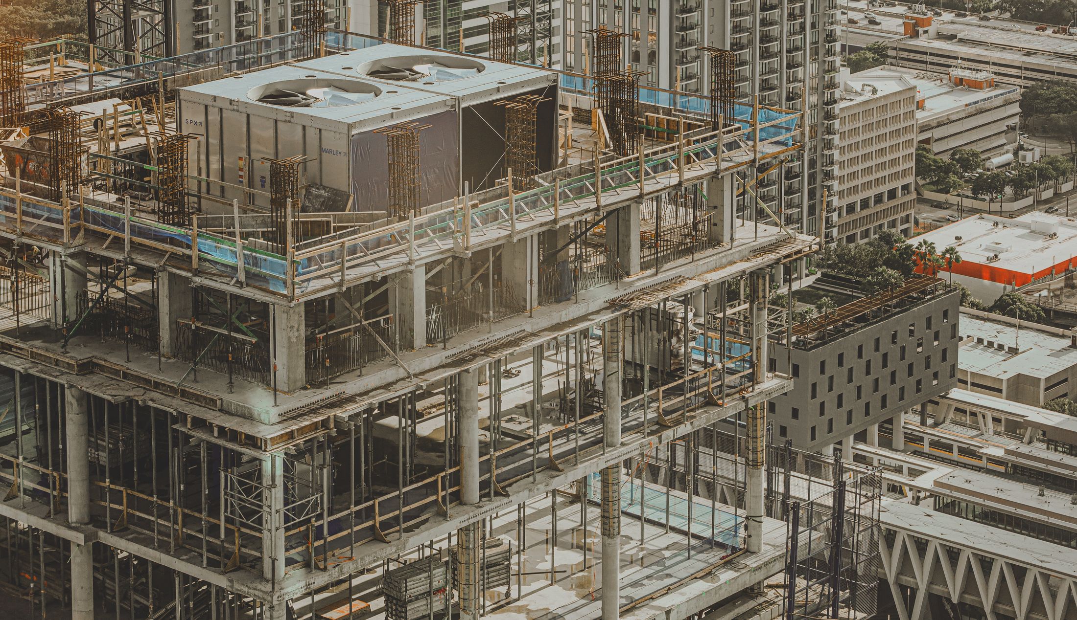 Aerial view of an active commercial building construction project
